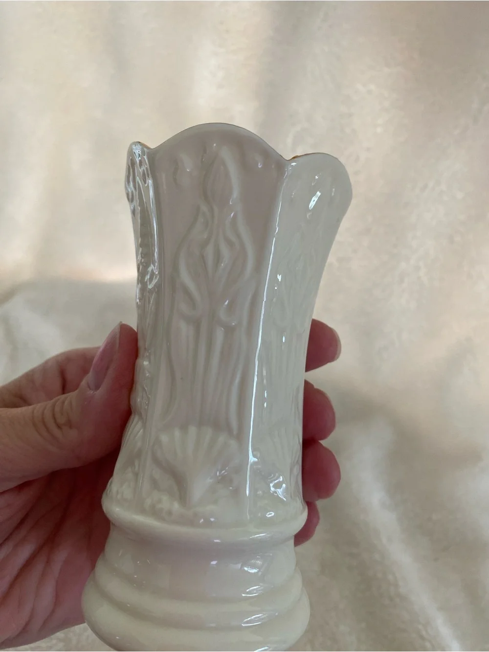 Belleek Small Cream Embossed Porcelain Vase with Gold Trim